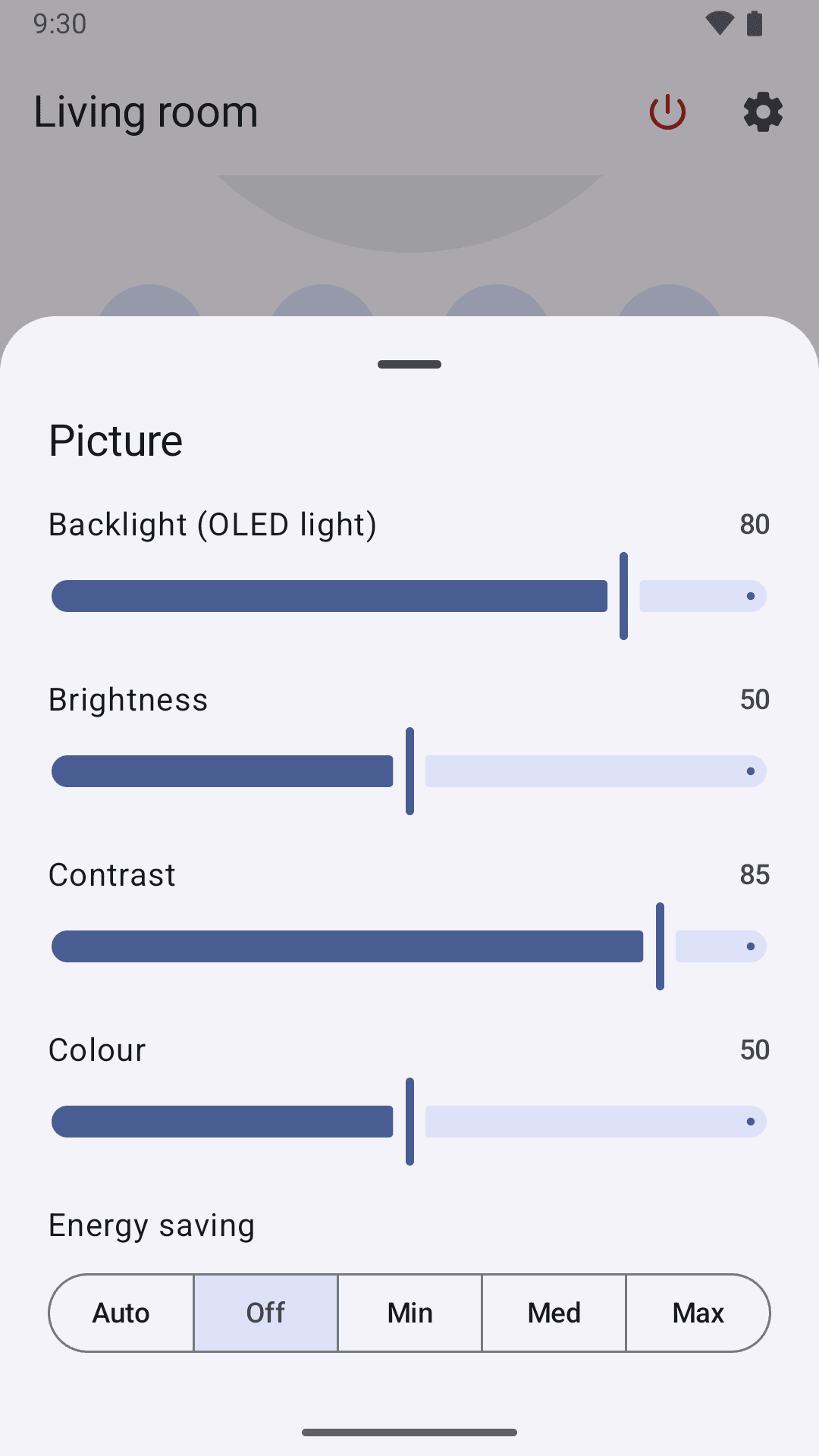 The Picture sheet: sliders for backlight (OLED light) at 80, brightness at 50, contrast at 85 and colour at 50, and energy saving set to Off.