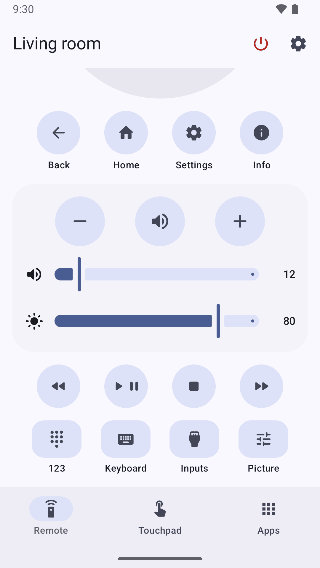 The remote scrolled down: volume and brightness sliders, media keys, and buttons for the 123 pad, keyboard, inputs and picture settings.