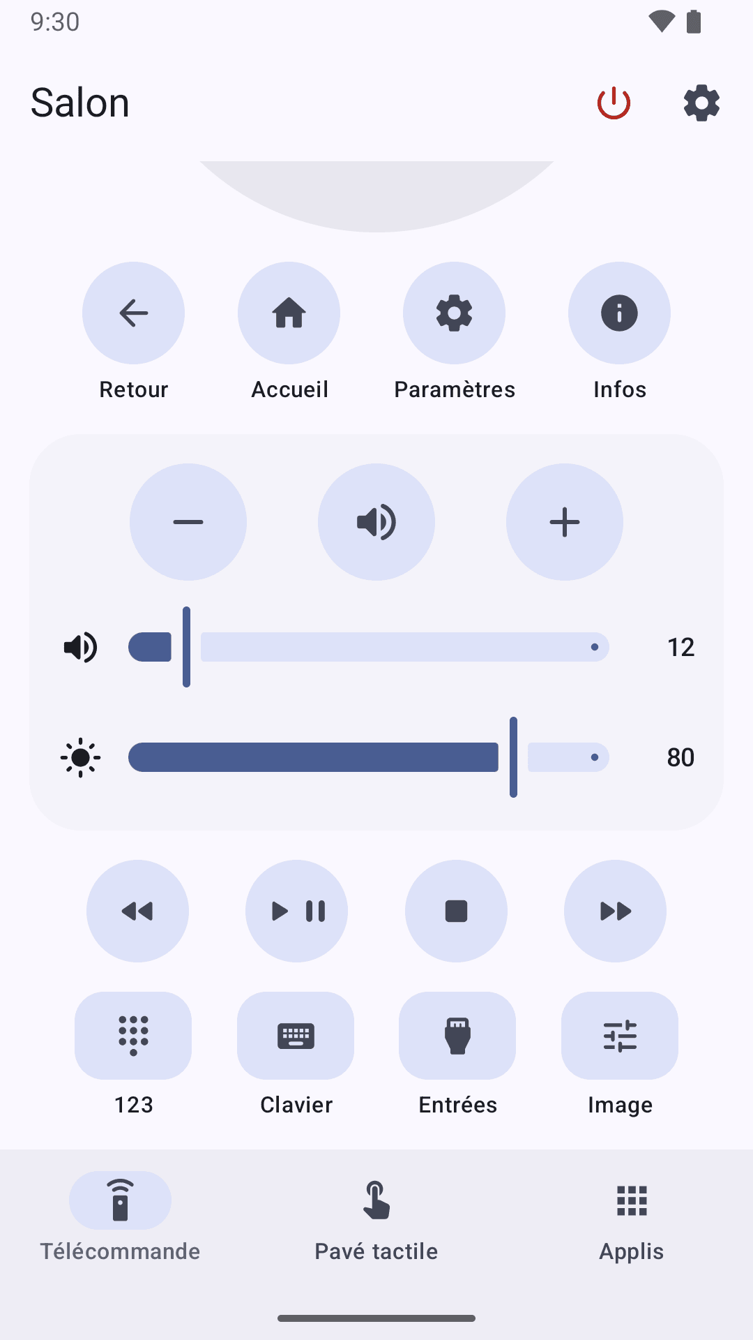 La télécommande, plus bas : curseurs de volume et de luminosité, touches multimédia, et boutons 123, Clavier, Entrées et Image.
