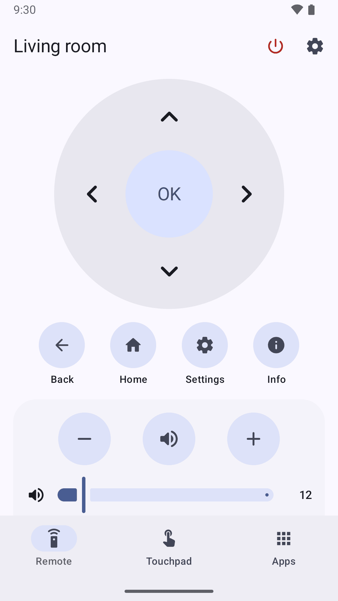 Webmote’s remote for the Living room TV: a D-pad with OK, Back, Home, Settings and Info buttons, and volume controls showing level 12.