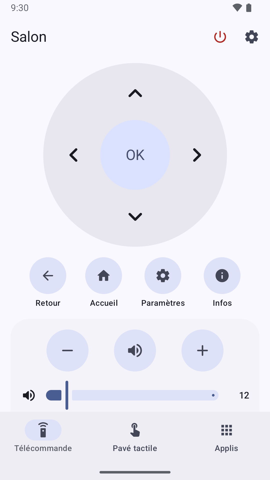 La télécommande de Webmote pour la TV Salon : pavé directionnel avec OK, boutons Retour, Accueil, Paramètres et Infos, et volume réglé sur 12.