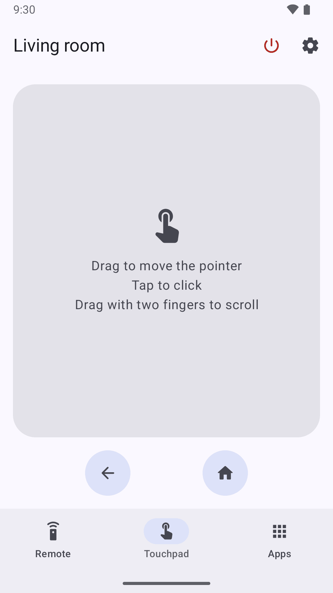 The Touchpad tab: a large touch area that says drag to move the pointer, tap to click, drag with two fingers to scroll, with Back and Home buttons.