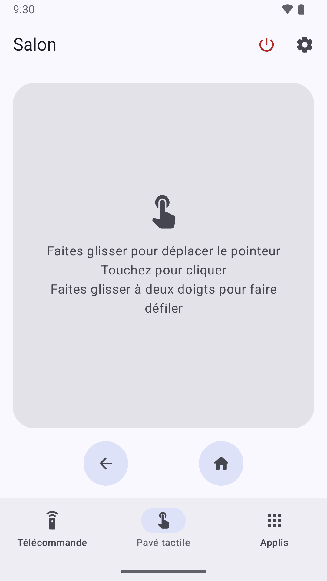 L’onglet Pavé tactile : une grande zone tactile pour déplacer le pointeur, cliquer d’un appui et faire défiler à deux doigts, avec les boutons Retour et Accueil.
