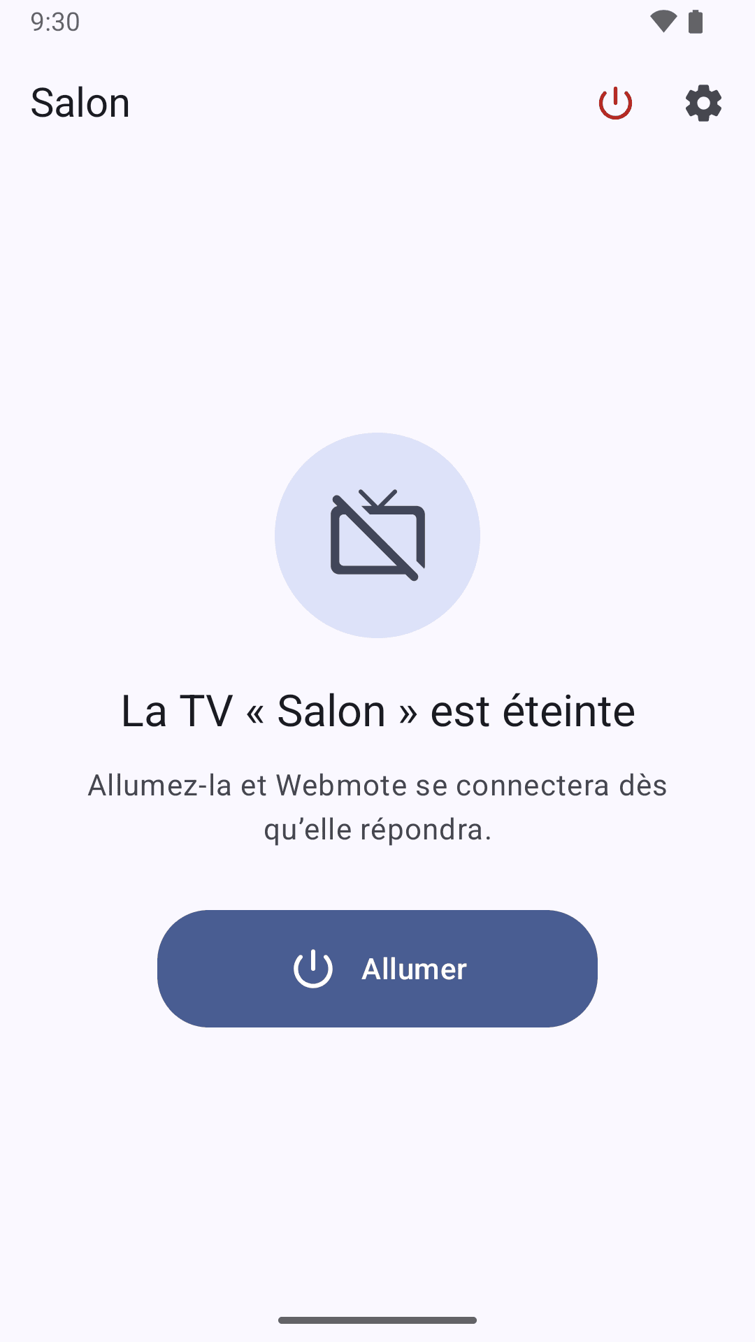 La TV Salon est éteinte : Webmote affiche un seul bouton Allumer.