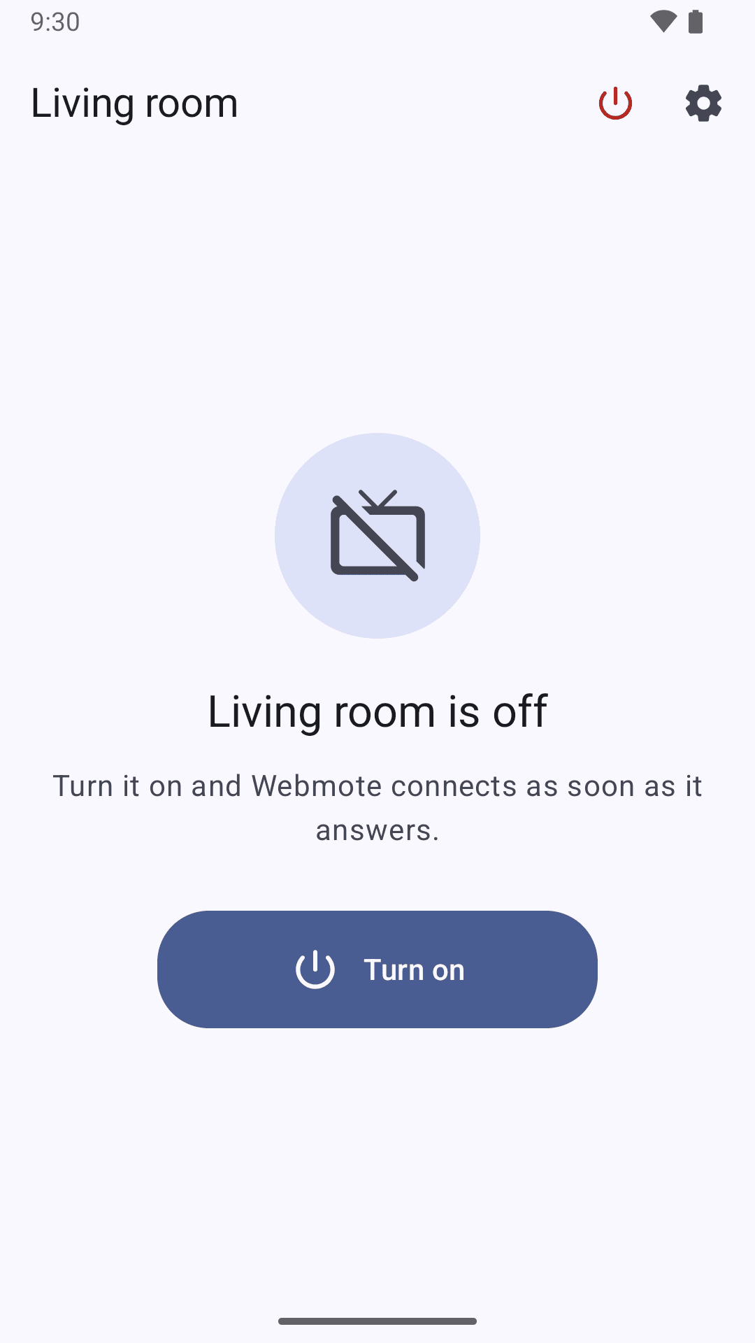 The Living room TV is off: Webmote shows a single Turn on button.